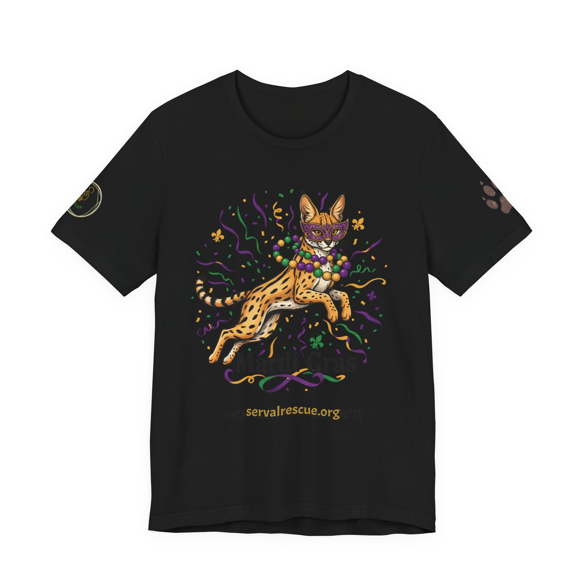 Mardi Gras Serval Rescue Tee — Festive Serval Cat Mask T-Shirt